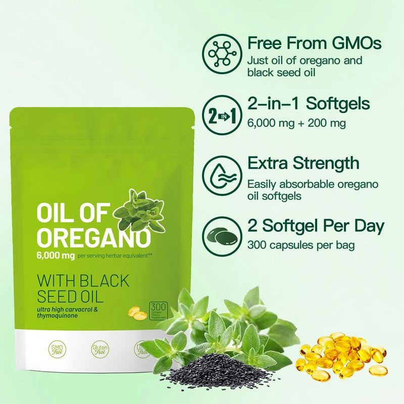Oil of Oregano with Black Seed Oil 300 Capsules | Natural Antioxidants | Nutritional Support | Highly Effective Botanicals Dietary Healthcare Supplement