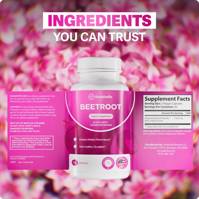 Rosabella Organic Beetroot Capsules (1300mg) for Blood Flow & Heart Health
