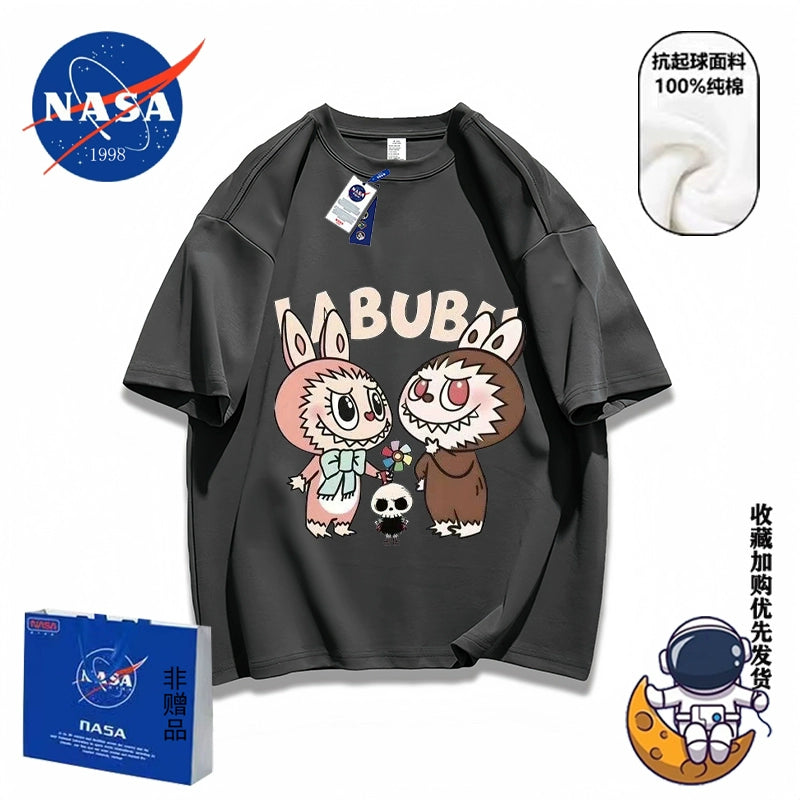 NASA joint POP MART short-sleeved t-shirt rabub pure cotton couple high sense loose 2025 viral trends