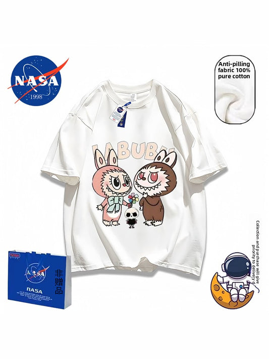 NASA joint POP MART short-sleeved t-shirt rabub pure cotton couple high sense loose 2025 viral trends