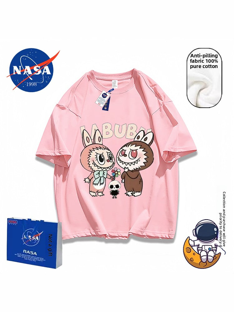 NASA joint POP MART short-sleeved t-shirt rabub pure cotton couple high sense loose 2025 viral trends