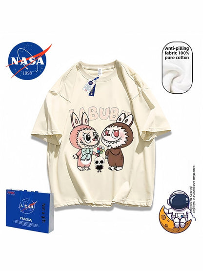 NASA joint POP MART short-sleeved t-shirt rabub pure cotton couple high sense loose 2025 viral trends
