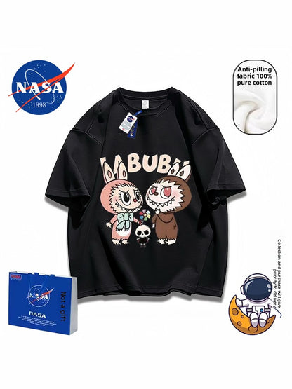 NASA joint POP MART short-sleeved t-shirt rabub pure cotton couple high sense loose 2025 viral trends